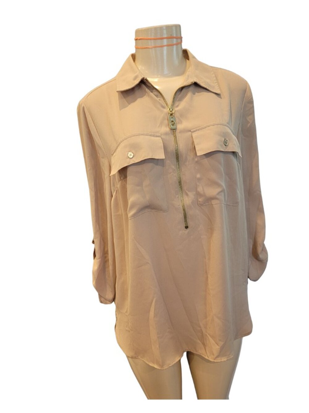 Michael Kors Beige Half Zip Roll Tab Sleeve Tunic/Blouse
